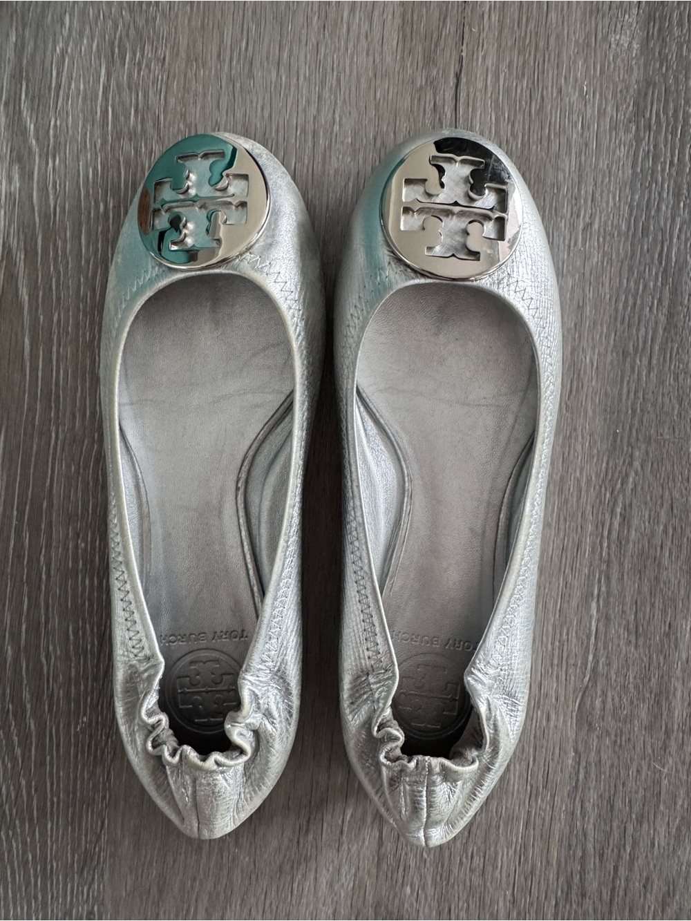 Tory Burch Metallic Silver Logo Ballet Flats